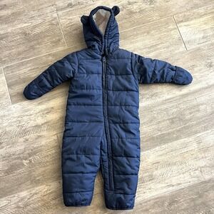 THE CHILDREN'S PLACE Baby Snowsuit 12-18 mo Blue Hooded Fleece Lined Chin Guard